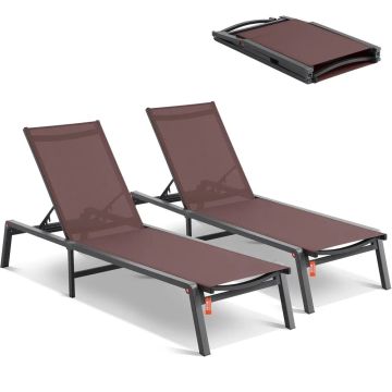 Leżaki ogrodowe aluminiowe, 5 pozycji, brązowe, 2 szt.