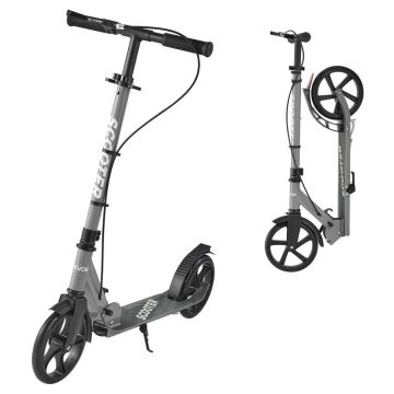 Foldable gray scooter for children, teenagers and adults, adjustable handle, non-slip base