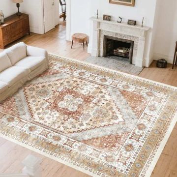 Large Washable 8x10 Feet Non-Slip Vintage Rug, Brown Red