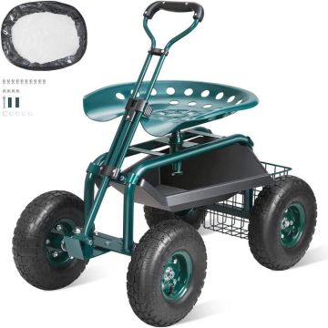 Garden trolley with seat, wheels and tool case, green