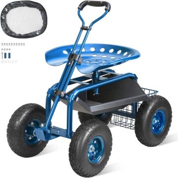 Garden trolley with wheels and swivel seat, blue