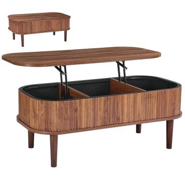 Liftable wooden oval coffee table, 1000 mm, walnut, with storage box and 3 compartments