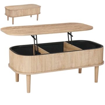 Liftable corrugated wooden oval coffee table 1000 mm, with storage compartment