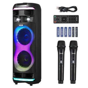 Portable karaoke machine, 80 W, 8" Bluetooth speaker with 2 wireless microphones