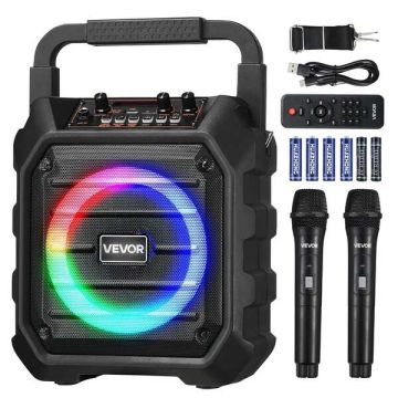 Portable bluetooth karaoke machine with 2 microphones, 20 W, 6.5 inches, LED light, USB, AUX