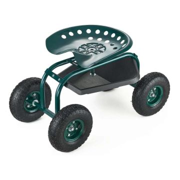 Garden trolley with swivel seat and storage box, 136 kg load capacity