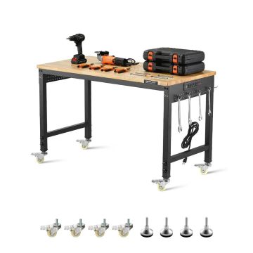 Adjustable oak workbench with casters and electrical outlet, 1219 mm