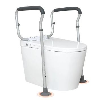 Toilet safety rail with padded armrests, adjustable
