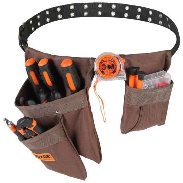 Tool belt with 13 pockets, adjustable, brown, polyester