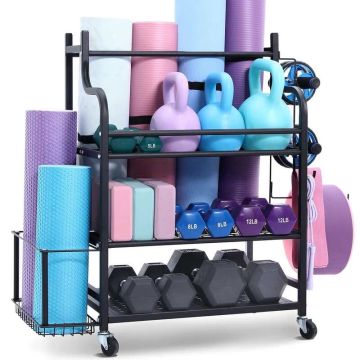 Yoga mat storage shelf, steel stand with hooks and wheels