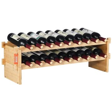 Stojak na wino z bambusa, 18 butelek, 2-poziomowy, naturalny