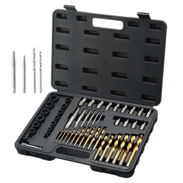 48-piece screw extractor set with HSS drill bits and case