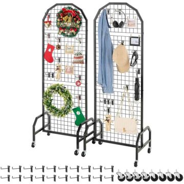 2 szt. ścianek z siatki ze stali węglowej czarnej, 600x1640 mm, stojak ekspozycyjny z kółkami i 20 haczykami