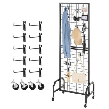 Ściana z czarnej siatki stalowej 600x1640 mm z kółkami i 10 haczykami