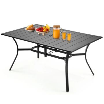 Stół do jadalni na zewnątrz, 150 cm, metalowy, czarny, 4-6 miejsc, z otworem na parasol