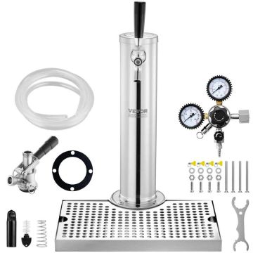 Beer keg tower dispenser with regulator and drip tray, stainless steel