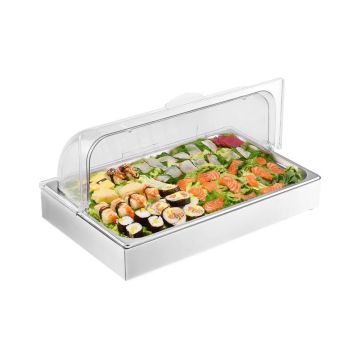 Stainless steel food serving container with lid and ice trays, 1x1 m