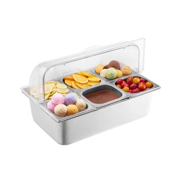 Stainless steel serving tray with 3 cooling boxes, 6 places
