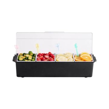 Refrigerated 4-compartment condiment container with lid, ice-cooled
