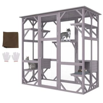 Outdoor cat house, 7-tier aviary with 5 platforms, 2 resting boxes, 71 x 35 x 67 inches.