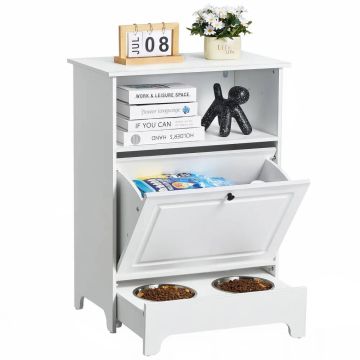 Feeding station with 2 stainless steel bowls and storage drawer for small dogs