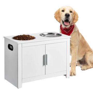 Dog feeding station with 2 stainless steel bowls and storage