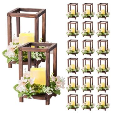 20 pcs. brown wooden wedding lanterns with LED candles and flower wreaths