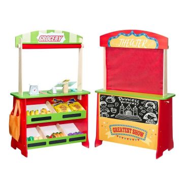 Wooden Double-Sided Puppet Theater and Play Stand with Curtains, Creative Playset for Kids
