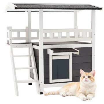 Wooden two-story outdoor cat house with stairs, 76x56x77 cm