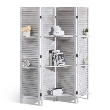 Wooden 4-Panel Folding Room Divider with Blinds, 67 Inch