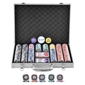 Zestaw żetonów pokerowych 500 elementów z aluminiową obudową, kartami i kostkami