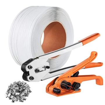 Packing tape set with tensioning tool, 100 m PP tape, 100 metal seals