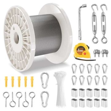 Wire Rope Kit 1/8 Inch 304 Stainless Steel, 100 Feet, 59 Accessories, 650 Pound Breaking Strength