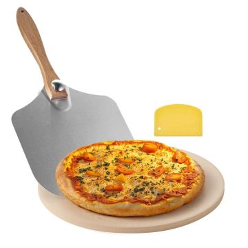 Kamień do pizzy 381 mm, okrągły kordierytowy kamień do pieczenia z aluminiową łopatką