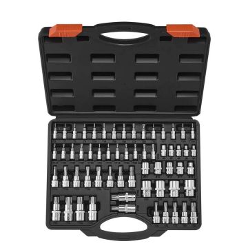 Torx bit and socket set, 60 pieces, S2 and cr-v steel, 1/4-1/2 inch, with case