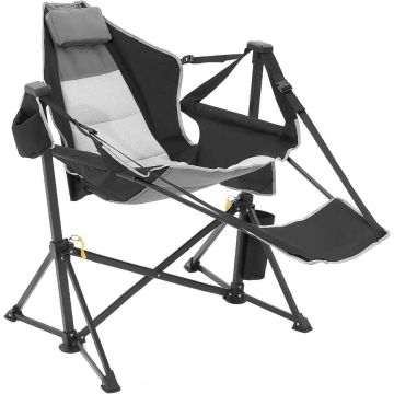 Reclining folding camping chair with footrest and storage compartment, 136 kg load capacity
