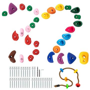 Rock climbing handles and rocks with rope, various sizes