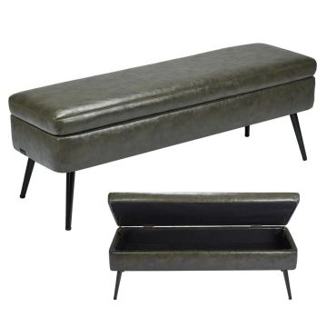 Green leather storage pouf with metal legs