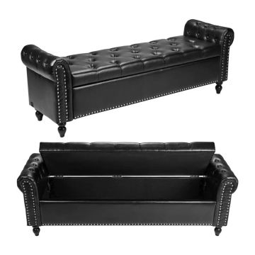 Black PU Leather Storage Ottoman with Solid Wood Legs, Bench