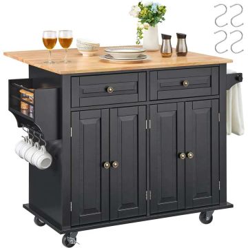 Kitchen Island Cart with Wooden Tabletop, Black, 43 Inch, Casters, Cabinet