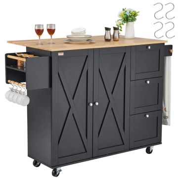 Kitchen island cart with wooden top, 56", black, wheels, adjustable shelf