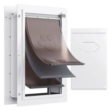 Pet door, metal frame, white, large, 3 flaps, with lock