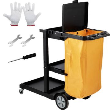 Yellow black plastic cleaning cart with 3 shelves, 25 gallon PVC bag, 120x51x98 cm