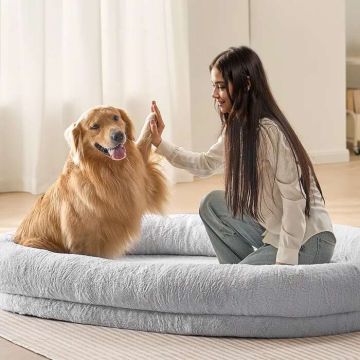 Human and dog bed, orthopedic, 72x48x10 cm, light gray, faux rabbit fur