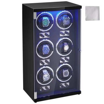 Mechanizm nakręcania zegarka 6 automatycznych zegarków, ciche japońskie silniki, niebieska dioda LED, czarna obudowa PU