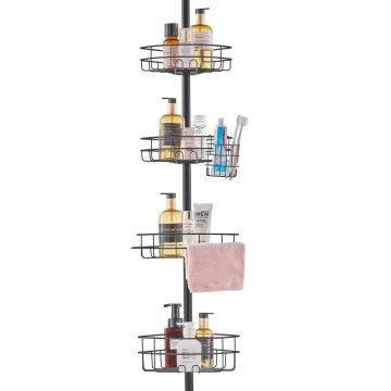 Shower corner tension pole "caddy", stainless, 56-114 inches, with pipette