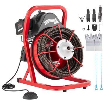 Sewer cleaning machine 370W, 75ft x 1/2 inch, with drill and 4 cutting tools