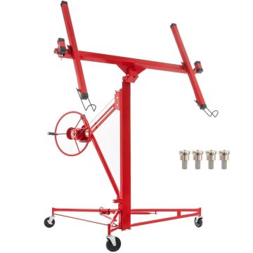 Drywall lift with roller mechanism, steel, 68 kg load capacity, telescopic handle, lockable castors, 335 cm height