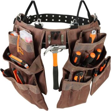 Tool belt, 19 pockets, adjustable, brown, polyester