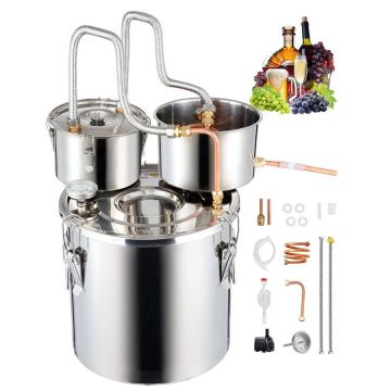 Alcohol distillation apparatus, 19 L, stainless steel, with copper spiral and double condenser